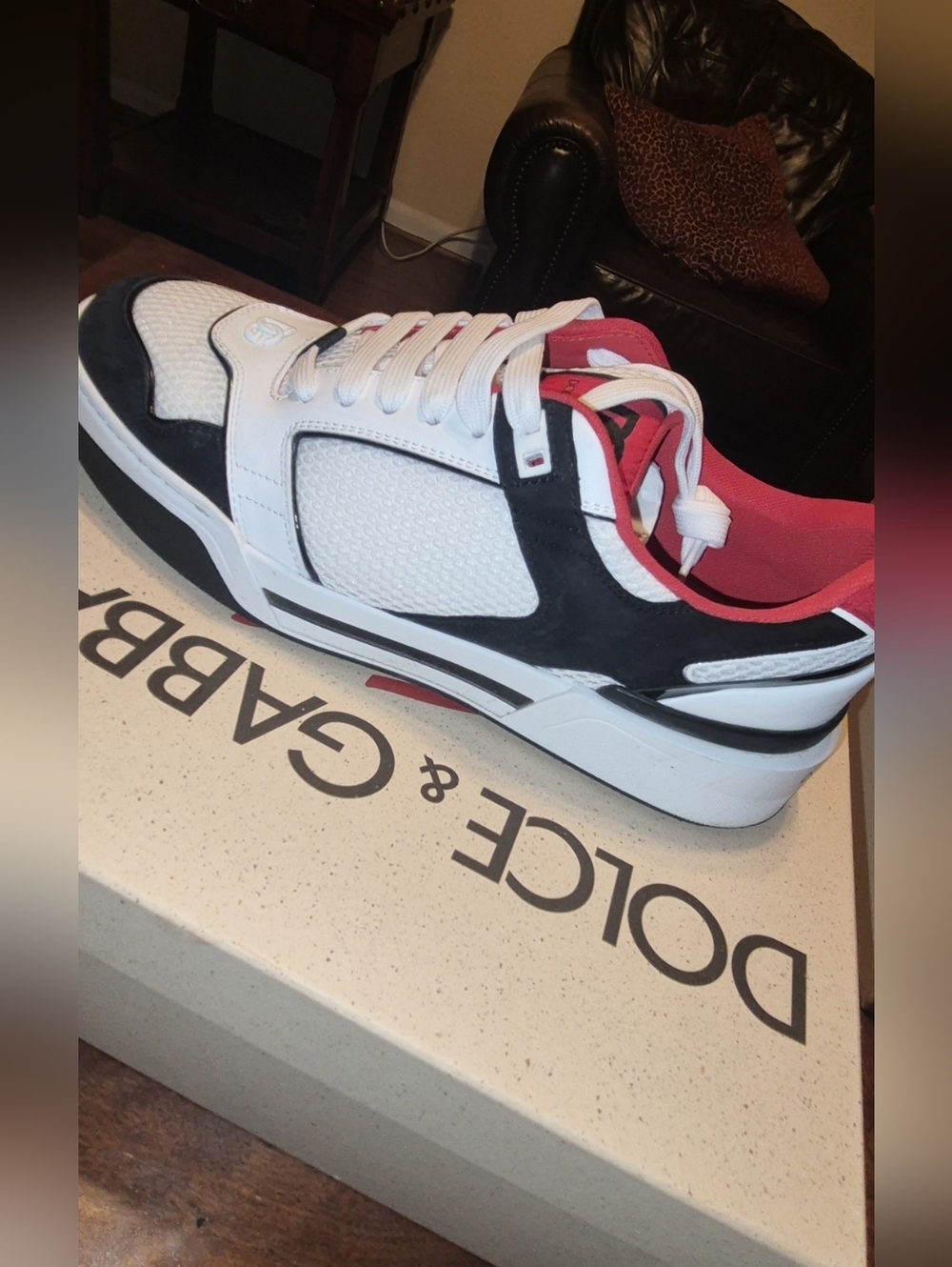 Dolce & Gabbana White, Black & Red Low-Top Men’s Sneaker